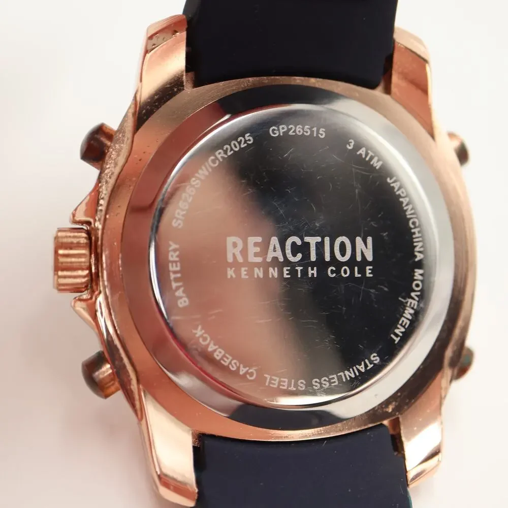 Kenneth Cole Reaction Mens Ana Digi Rose Gold Blue Tone 47mm Watch w New Battery